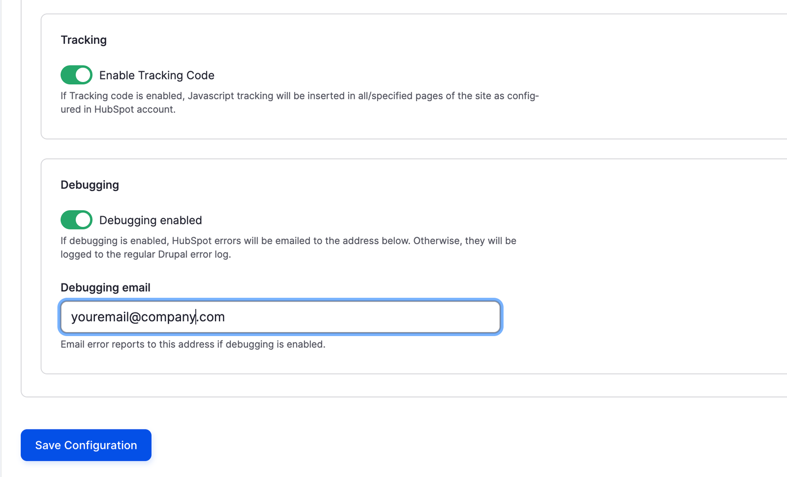 HubSpot integration settings - Debugging enabled